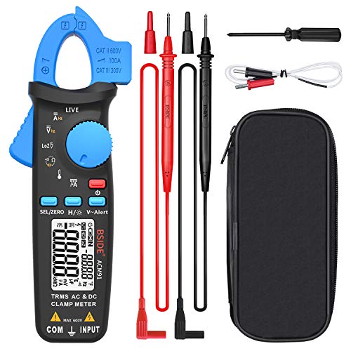 BSIDE DC Amp Clamp Meter 1mA Current True RMS Auto-Ranging 6000 Counts Digital Ammeter Hz Temperature Capacitance Live Check V-Alert Low Impedance Voltage Tester with Back Clip