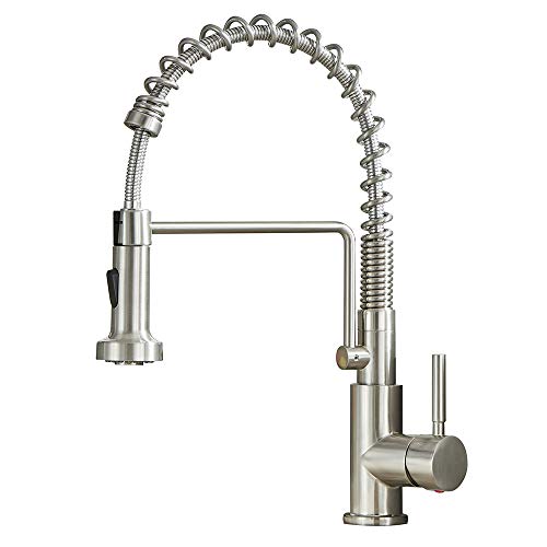 Friho Lead-Free Commercial Brushed Nickel Stainless Steel Single Handle Single Lever Pull Out Pull Down Sprayer Spring Bar Sink Kitchen Sink Faucet, Brushed Nickel Kitchen Faucets