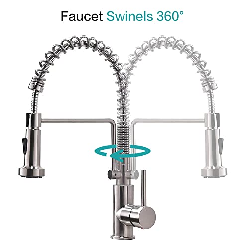 Friho Lead-Free Commercial Brushed Nickel Stainless Steel Single Handle Single Lever Pull Out Pull Down Sprayer Spring Bar Sink Kitchen Sink Faucet, Brushed Nickel Kitchen Faucets