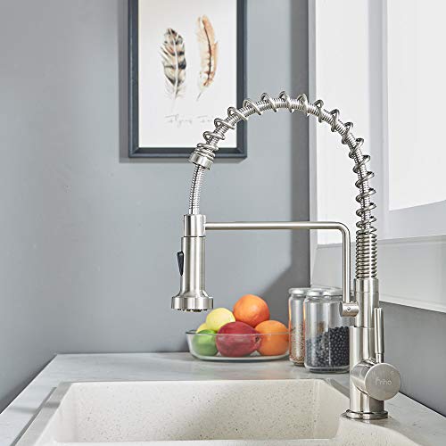 Friho Lead-Free Commercial Brushed Nickel Stainless Steel Single Handle Single Lever Pull Out Pull Down Sprayer Spring Bar Sink Kitchen Sink Faucet, Brushed Nickel Kitchen Faucets