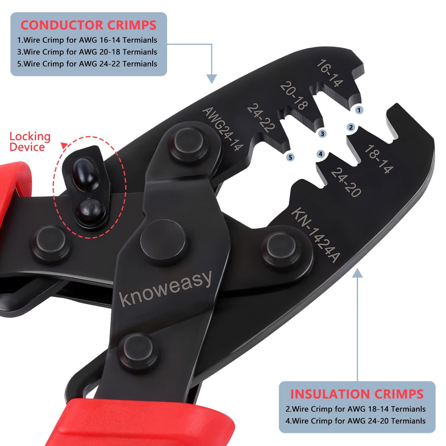 Knoweasy JST Crimper and Molex Crimper Compatible with Deutsch DT Series Stamped or Formed Contact,Molex, Delphi, Amp, Tyco, Harley, PC, Automotive - AWG 24-14 Wire Crimper