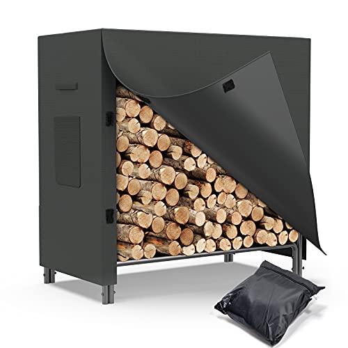 Globall 4ft Waterproof Log Rack Cover, Heavy Duty 600D Oxford Outdoor Firewood Storage Cover with Zipper and Hook Loop Tape