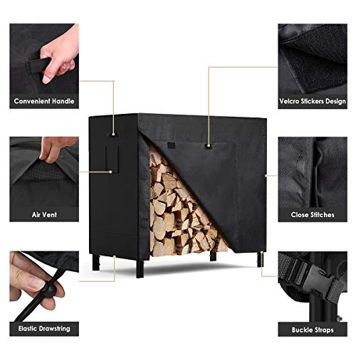 Globall 4ft Waterproof Log Rack Cover, Heavy Duty 600D Oxford Outdoor Firewood Storage Cover with Zipper and Hook Loop Tape