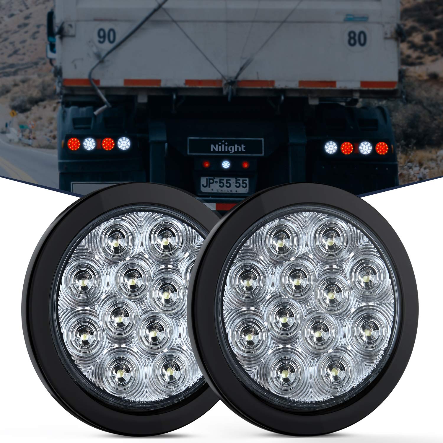 Nilight 2PCS 4" White Round LED Reverse Back Up Light w/Surface Mount Grommet Plugs Trailer Tail Lights for Truck Trailer RV Jeep, 2 Years Warranty (TL-26)