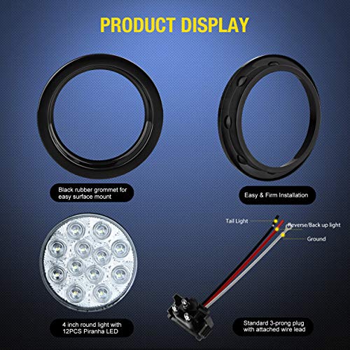 Nilight 2PCS 4" White Round LED Reverse Back Up Light w/Surface Mount Grommet Plugs Trailer Tail Lights for Truck Trailer RV Jeep, 2 Years Warranty (TL-26)