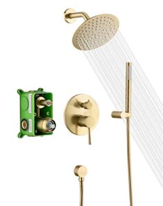 sumerain brushed gold shower faucet system with high pressure 8 inches rain shower head and brass hand shower, rough-in valve body and trim included