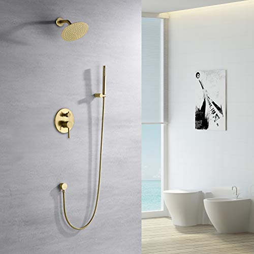 sumerain Brushed Gold Shower Faucet System with high pressure 8 Inches rain shower head and brass hand shower, Rough-In Valve Body and Trim Included