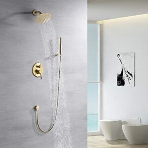 sumerain Brushed Gold Shower Faucet System with high pressure 8 Inches rain shower head and brass hand shower, Rough-In Valve Body and Trim Included