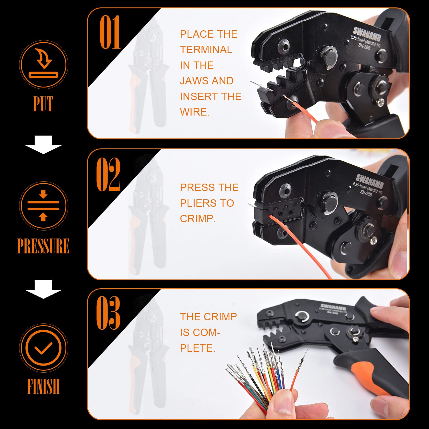 SWANAMB Crimping Tool Kit, AWG23-17 Self-adjustable Ratchet Wire Crimper Plier Set Crimping tools Kit with 1550PCS Male and Female 2.54mm dupont Terminals Crimping Connectors Wire End Ferrules