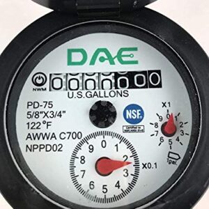 DAE PD-75 Non Lead NSF61, IP68 Positive Displacement Water Meter, 3/4" NPT Couplings, Pulse Output, Gallon