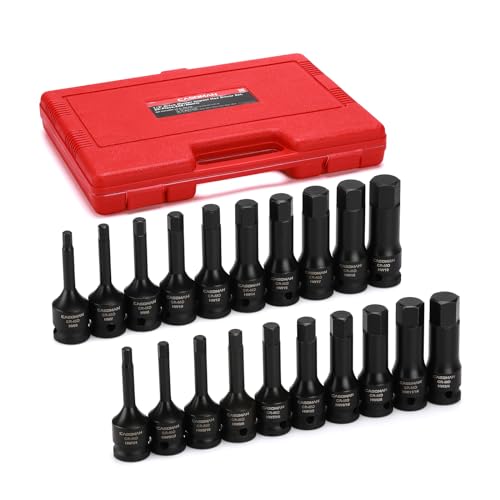 CASOMAN 1/2" Drive Master Impact Hex Bit Set, Hex Driver, SAE/Metric, 1/4" - 3/4", 6mm - 19mm, Cr-Mo Steel,Impact Grade, One-Piece Construction, 20-Piece 1/2" Drive Allen Bit Socket Set