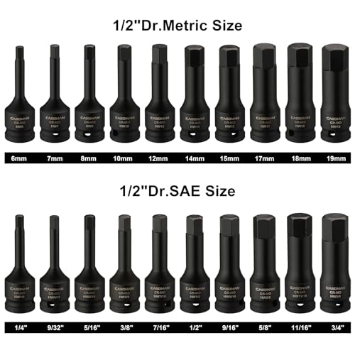 CASOMAN 1/2" Drive Master Impact Hex Bit Set, Hex Driver, SAE/Metric, 1/4" - 3/4", 6mm - 19mm, Cr-Mo Steel,Impact Grade, One-Piece Construction, 20-Piece 1/2" Drive Allen Bit Socket Set