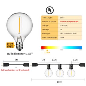 Outdoor String Lights Waterproof, 100ft with 62 LED Dimmable Shatterproof Bulbs UL Approval, G40 Globe 1W 2700K Patio Lights Outdoor Lighting for Backyard Porch Cafe Party Wedding Garden