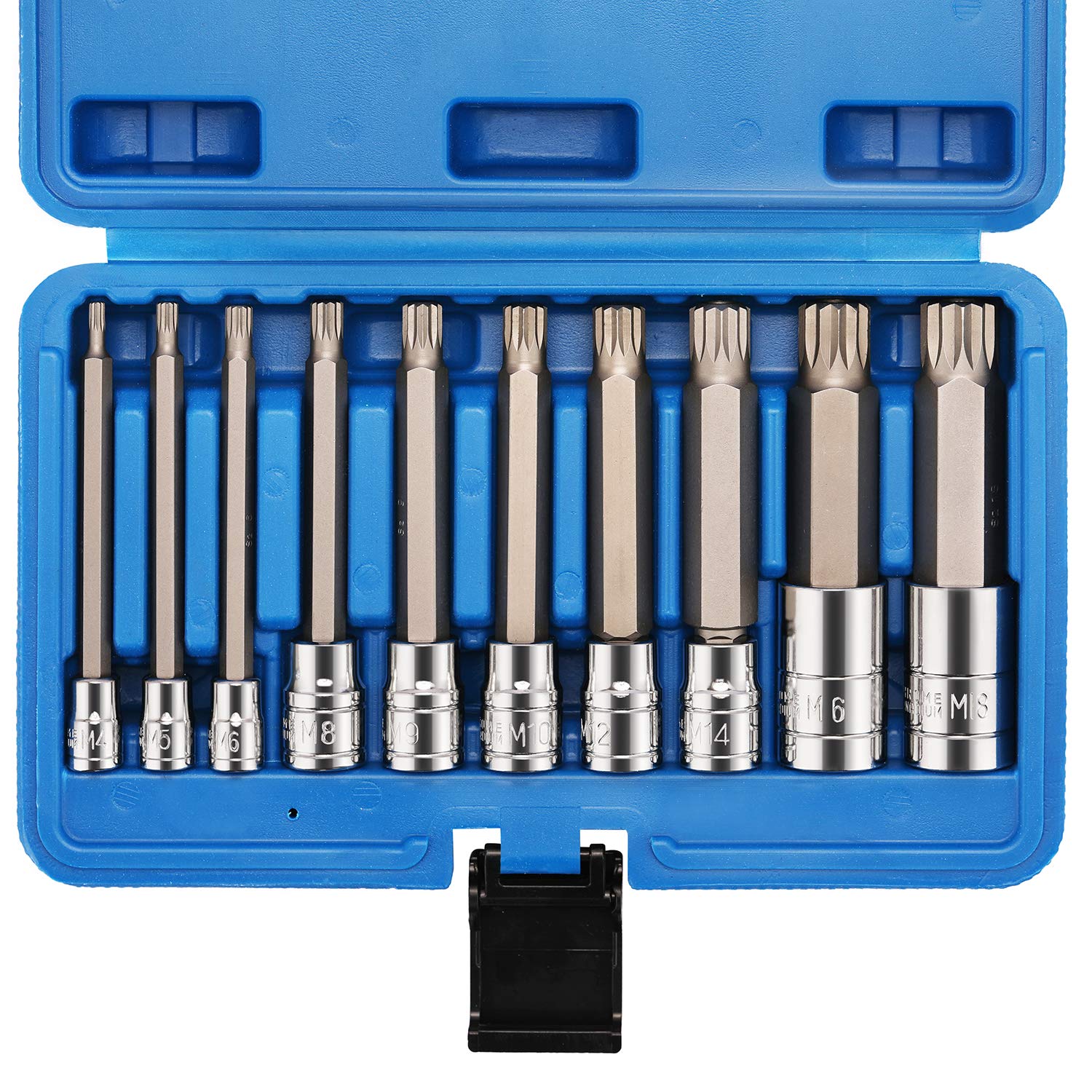 CASOMAN 10 Piece Spline Tip Bit Socket Set, M-Type, S2 and Cr-V Steel, Extra Long 4'' Length, M4-M18, XZN Triple Square Spline Bit Socket Set