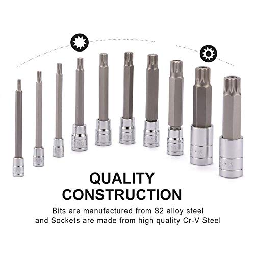 CASOMAN 10 Piece Spline Tip Bit Socket Set, M-Type, S2 and Cr-V Steel, Extra Long 4'' Length, M4-M18, XZN Triple Square Spline Bit Socket Set