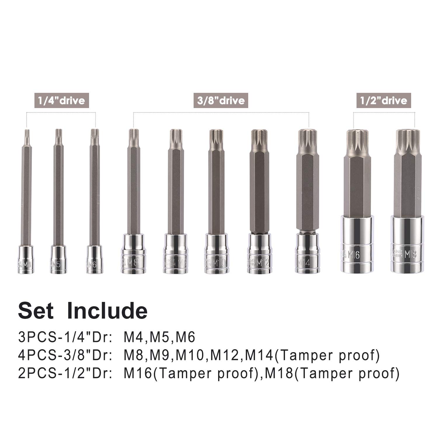 CASOMAN 10 Piece Spline Tip Bit Socket Set, M-Type, S2 and Cr-V Steel, Extra Long 4'' Length, M4-M18, XZN Triple Square Spline Bit Socket Set