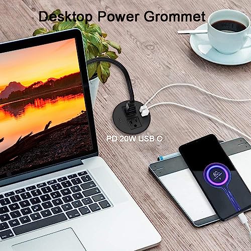 Kungfuking Desktop Power Grommet with PD 20W USB C,Recessed Power Outlets with 2 AC Plugs and 3 USB Charging Ports,Hidden Power Strip for Office Kitchen Cabinet Conference Room