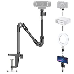 kdd webcam stand camera mount with phone holder, 25 inch foldable flexible gooseneck cell phone clamp & table projector mount, for logitech c922 c930e c920s c920 c960 brio 4k, gopro hero 8 7 6 5