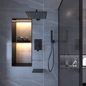 BWE 12 Inch Black Shower System Faucet Waterfall Tub Complete with Matte Spout Set Square Luxury Rain Mixer Pressure Balancing 3-Function Wall Mount Rainfall Rough-in Valve Body and Trim Included