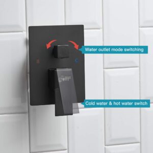 BWE 12 Inch Black Shower System Faucet Waterfall Tub Complete with Matte Spout Set Square Luxury Rain Mixer Pressure Balancing 3-Function Wall Mount Rainfall Rough-in Valve Body and Trim Included