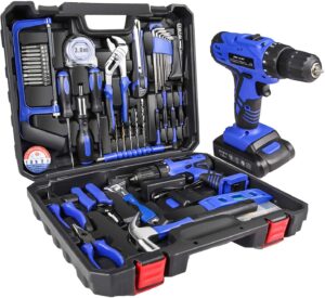 jar-owl 21v tool set with drill, 350 in-lb torque, 0-1350rmp variable speed, 10mm 3/8'' keyless chuck, 18+1 clutch, 1.5ah li-ion battery & charger for home tool kit