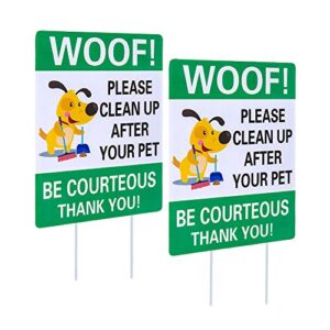 waahome pack of 2 double sided woof please clean up after your pet yard signs with stakes, 8"x12" funny no poop pee dog yard sign lawn sign