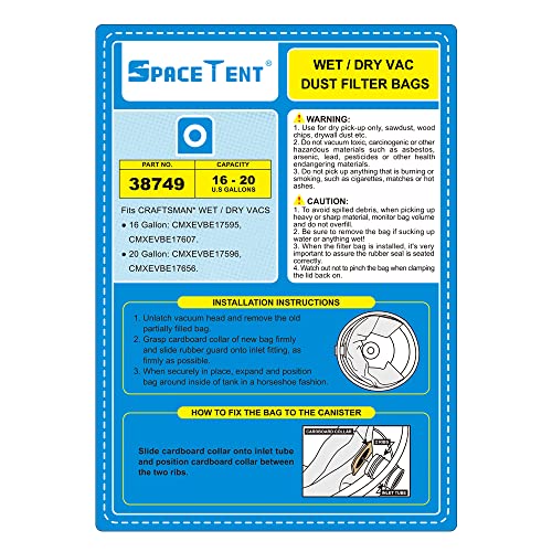 SpaceTent 6 Pack CMXZVBE38749 Filter Bags for Craftsman 16 and 20 Gallon Wet/Dry Vacs, part # CMXZVBE38749 38749, CMXEVBE17595 Bags.