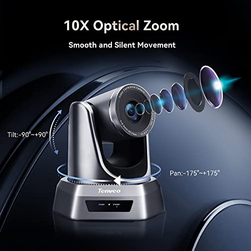 Tenveo All-in-One Video and Audio Conference Room Camera System 10X Optical Zoom USB PTZ with Bluetooth Speakerphone Expansion Microphones for Large Remote Meeting Work with Zoom Skype