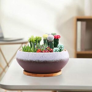 EPFamily 8 Inch Ceramic Round Succulent Planter with Drainage Hole and Bamboo Tray, Modern Large Flower Pot for Herb Garden Bonsai Planting