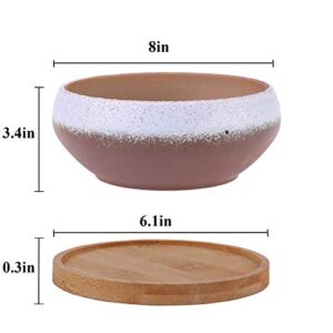 EPFamily 8 Inch Ceramic Round Succulent Planter with Drainage Hole and Bamboo Tray, Modern Large Flower Pot for Herb Garden Bonsai Planting