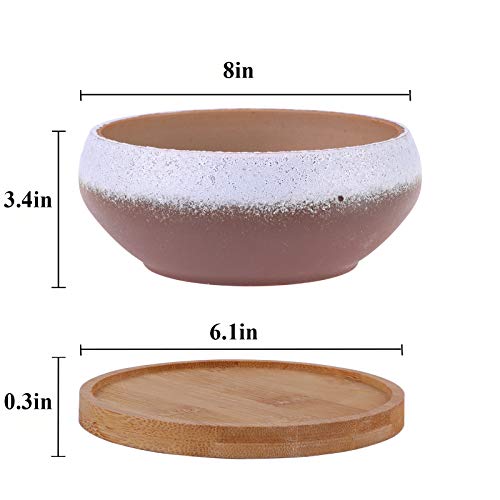 EPFamily 8 Inch Ceramic Round Succulent Planter with Drainage Hole and Bamboo Tray, Modern Large Flower Pot for Herb Garden Bonsai Planting