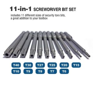 VESTTIO Security Torx Screwdriver Bit Set 11PCS 1/4 Inch Hex Shank 4 Inch/100 mm Length S2 Steel Tamper Proof Star 6 Point with Magnetic for Power Screwdriver Drill Impact Driver