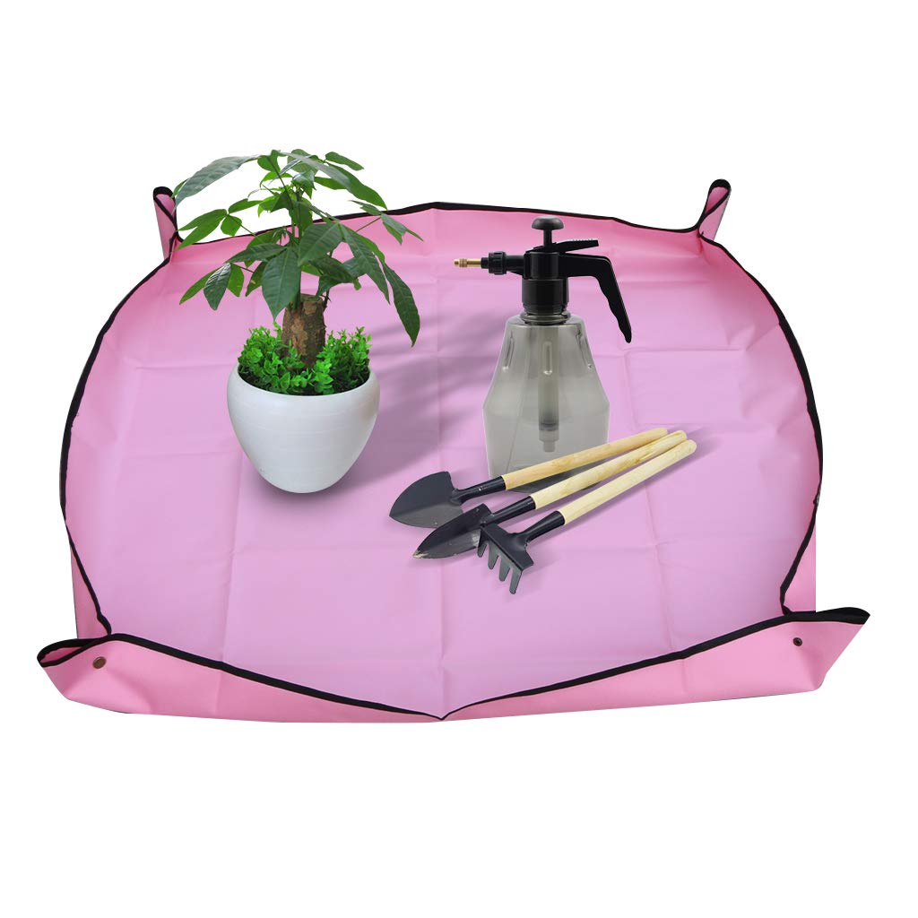 Ymeibe 39''×39'' Indoor Plant Repotting Mat Foldable Transplanting Work Cloth Waterproof Oxford and PVC Dirty Catcher Gardening Succulent Potting Tarp (39 inch, Pink)