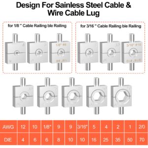 CKE Upgraded 10 Ton Hydraulic Cable Crimper Hand Tool for 1/8, 3/16 Stainless Steel Cable Railing Fittings - Heavy Duty Head with 9 Dies and Cable Cutter