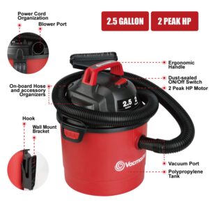 Vacmaster 2.5 Gallon Shop Vacuum Cleaner 2 Peak HP Power Suction Lightweight 3-in-1 Wet Dry Vacuum with Blower & Wall Mount Design for Cleaning Car, Boat, Pet Hair, Hard Floor