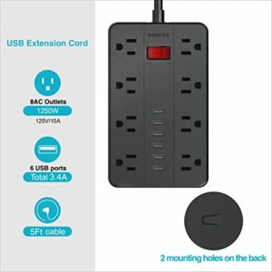 Power Strip with USB,SMNICE Surge Protector Flat Plug with 8 Widely-Spaced Outlets & 6 USB Ports, Wall Mountable 5ft Extension Cord for Smartphone Tablet Laptop Computer Multiple Devices Black