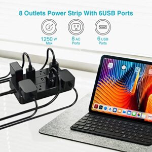 Power Strip with USB,SMNICE Surge Protector Flat Plug with 8 Widely-Spaced Outlets & 6 USB Ports, Wall Mountable 5ft Extension Cord for Smartphone Tablet Laptop Computer Multiple Devices Black