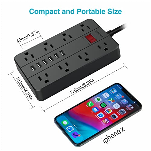 Power Strip with USB,SMNICE Surge Protector Flat Plug with 8 Widely-Spaced Outlets & 6 USB Ports, Wall Mountable 5ft Extension Cord for Smartphone Tablet Laptop Computer Multiple Devices Black