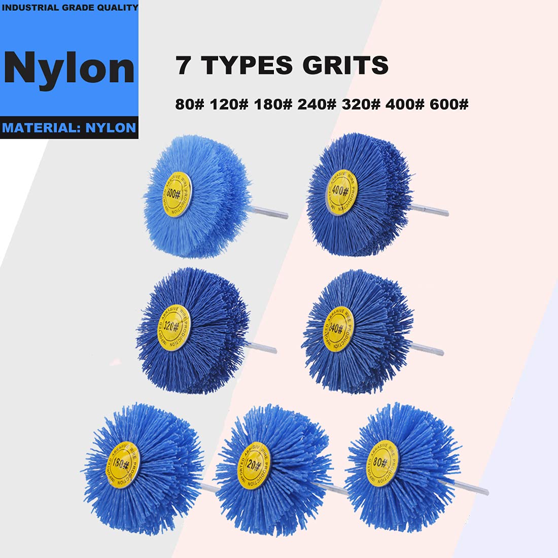 Mixiflor 7 Pack Abrasive Nylon Wheel Brush for Drill with 1/4" Shank, (80 120 180 240 320 400 600 )Grits, Nylon Abrasive Wheel Perfect for Removal of Rust/Corrosion/Paint