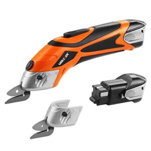 volltek electric cordless scissor 4v li-ion cutter shears with 2 battery & 2 pcs cutting blades accessory for cutting fabric, carpet and leather es3601 orange