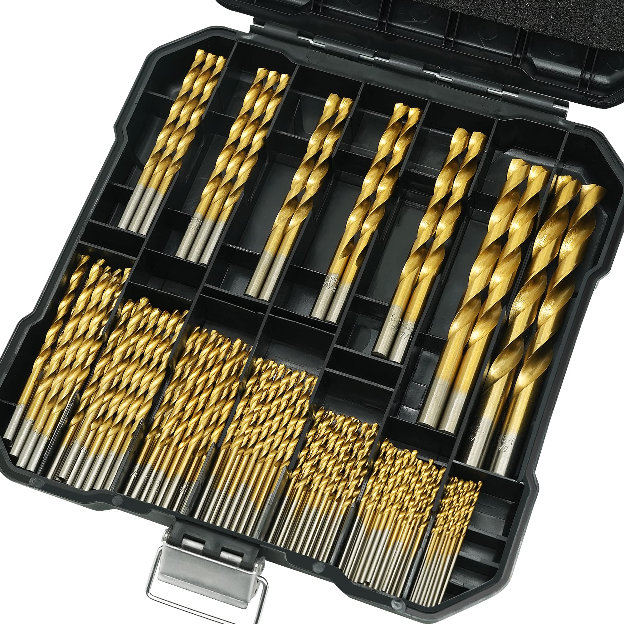 BeHappy Drill Bit Set 99 Pcs, Titanium Coated Drill Bit Set, Drill Bits for Metal and Wood, High Speed Steel Drill Bit Set for Aluminum Alloy, Copper, Wood, Plastic, Hard Storage, 1/16"-1/2"