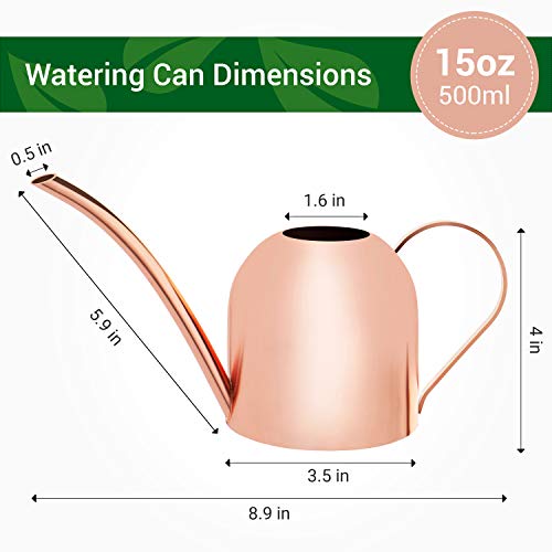 MOnu Small Metal Watering Can - Cute Mini Indoor Decorative Watering Pot for Desk Office House Plants Orchids Herbs Bonsai Succulents - Gardening Tool Sprinkler with Long Spout - 15oz/500ml Rose Gold