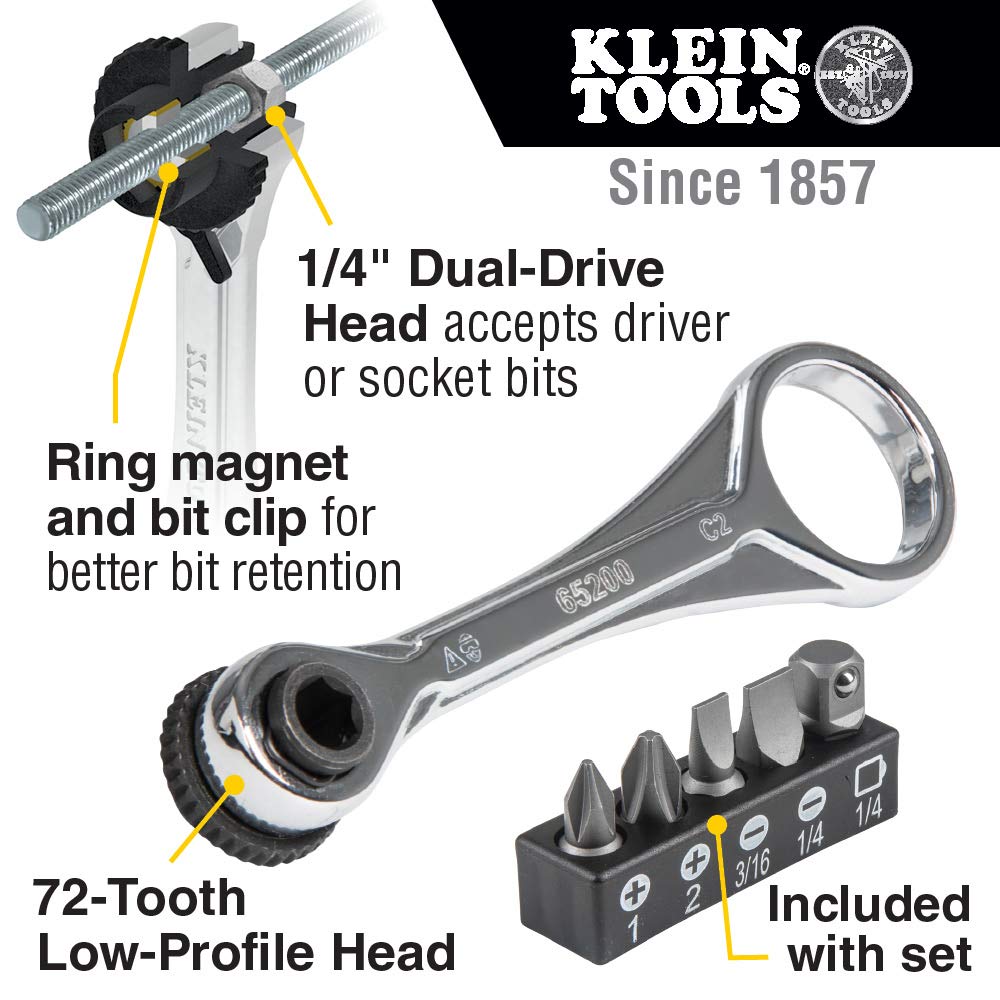 Klein Tools 65200 Ratchet Set, 5-Piece Mini Ratchet Set with Phillips, Slotted, and Adapter for Other Socket Sizes, For Tight Spaces