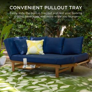 Best Choice Products Outdoor Convertible Acacia Wood Futon Sofa Furniture for Patio, Balcony, Poolside, Backyard w/Pullout Tray, Removable Weather-Resistant Cushion & 4 Pillows - Navy Blue