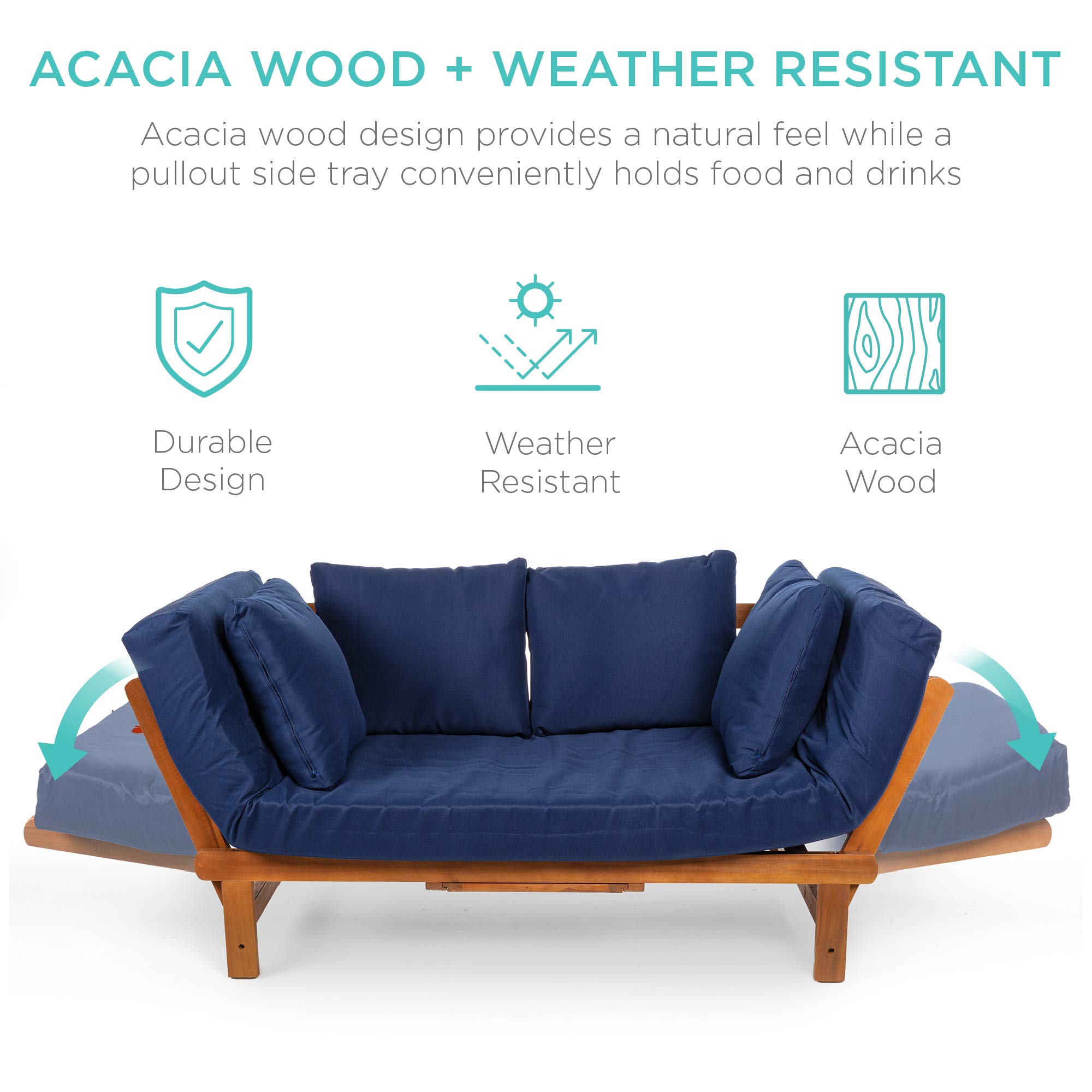 Best Choice Products Outdoor Convertible Acacia Wood Futon Sofa Furniture for Patio, Balcony, Poolside, Backyard w/Pullout Tray, Removable Weather-Resistant Cushion & 4 Pillows - Navy Blue