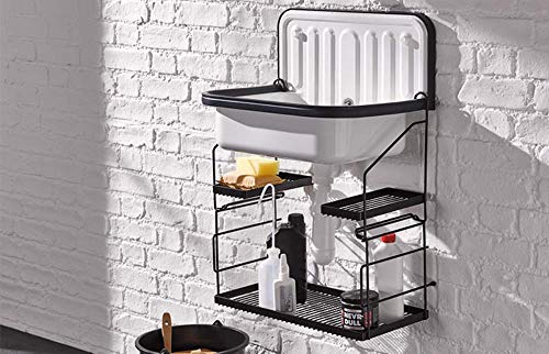 Alape Bucket Sink Small Service Sink Glazed Steel Utility Sink and Utensilo Storage Caddy, with Overflow, Black Trim