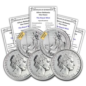 1997 - present (random year) lot of (5) 1 oz silver britannia coins brilliant uncirculated with a certificate of authenticity £2 bu