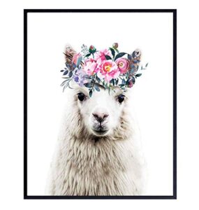 baby llama wall decor - flower crown alpaca wall art decoration for girls bedroom, kids room, nursery - cute gift - boho shabby chic picture - 8x10 unframed photo poster