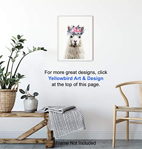 Baby Llama Wall Decor - Flower Crown Alpaca Wall Art Decoration for Girls Bedroom, Kids Room, Nursery - Cute Gift - Boho Shabby Chic Picture - 8x10 UNFRAMED Photo Poster