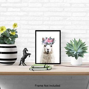 Baby Llama Wall Decor - Flower Crown Alpaca Wall Art Decoration for Girls Bedroom, Kids Room, Nursery - Cute Gift - Boho Shabby Chic Picture - 8x10 UNFRAMED Photo Poster